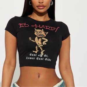 Ed Hardy Black Crop Top with Red and Tan Graphic